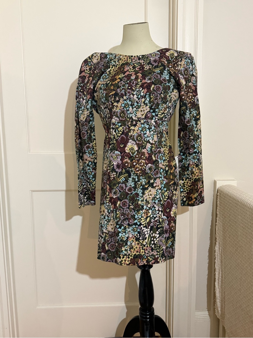 Zara Floral Long-Sleeve Sheath Dress in Brown, Purple, Blue